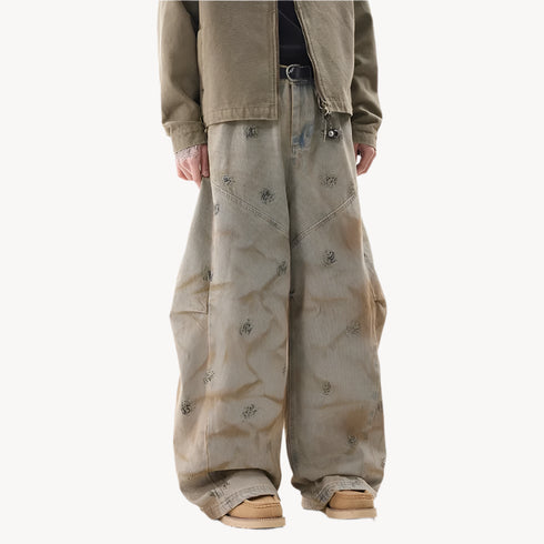 Summer Yellow Mud Graffiti Jeans Men's Y2K Vintage High Waisted Streetwear
